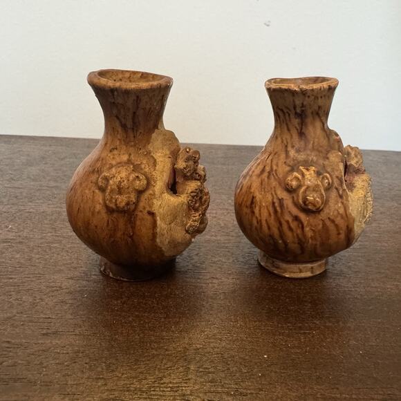 VTG Two Intricately Hand Carved Banko Ware Japanese Miniature Vase House Inside - Picture 11 of 16